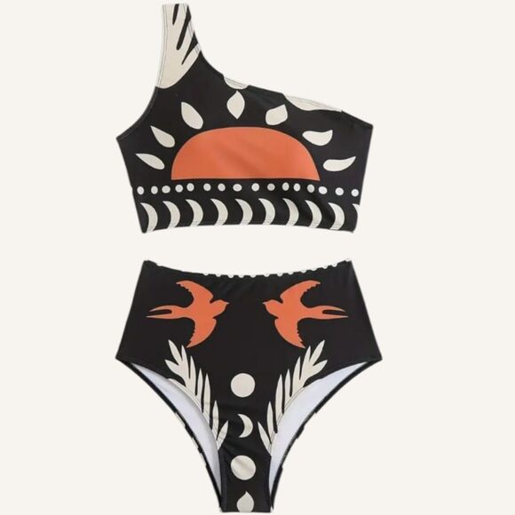 New One-Shoulder Boho Black and Orange High Waist Full Coverage Swim Set - Picture 4 of 14